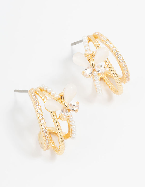 Gold Plated Pave Crystal Butterfly Jacket Earrings