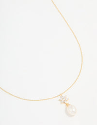 Gold Plated Cubic Zirconia & Pearl Flower Necklace - link has visual effect only