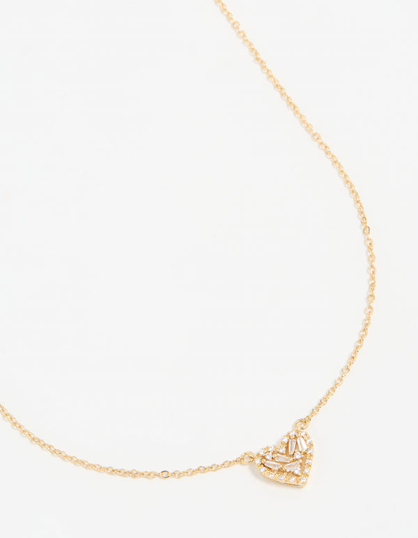 Gold Plated Cubic Zirconia Baguette Heart Pendant Necklace