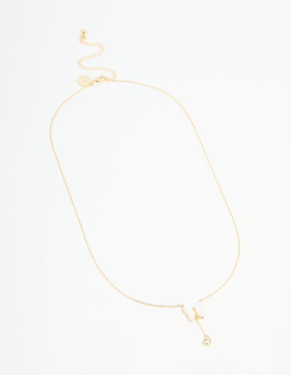 Gold Plated Mother Of Pearl & Cubic Zirconia Butterfly Y-Necklace