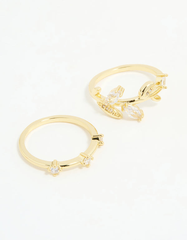 Gold Plated Cubic Zirconia Leafy Station Rings 3-Pack
