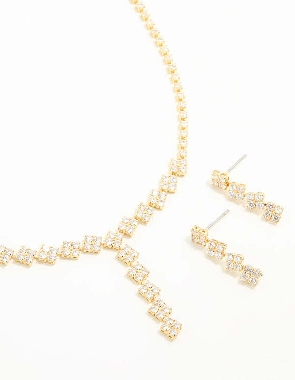 Gold Plated Cubic Zirconia Necklace & Drop Earrings Set