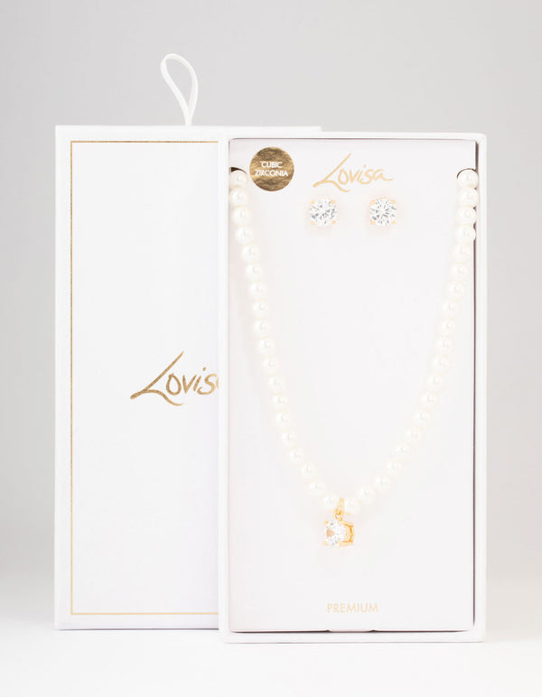 Gold Plated Pearl & Cubic Zirconia Necklace & Earring Set