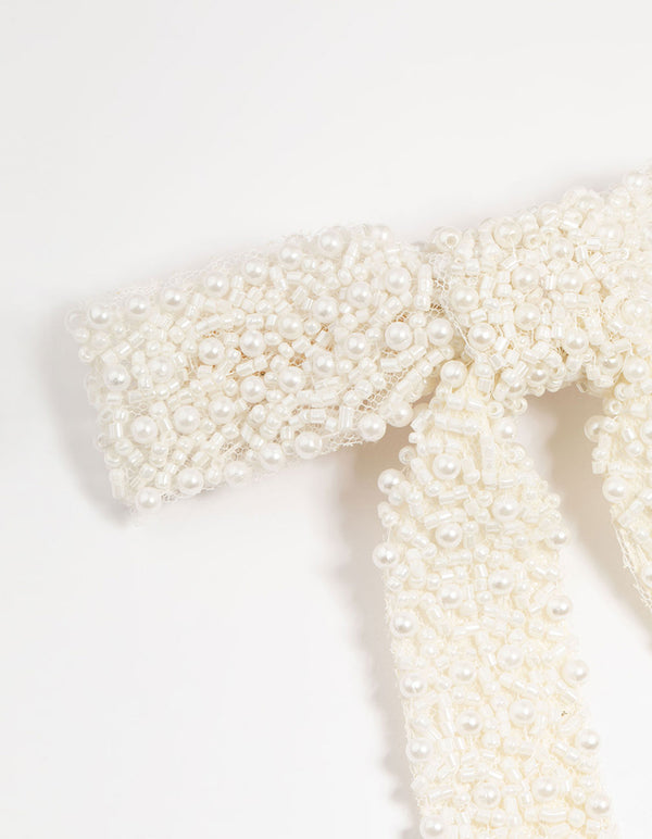 White Fabric Beaded Bow Clip
