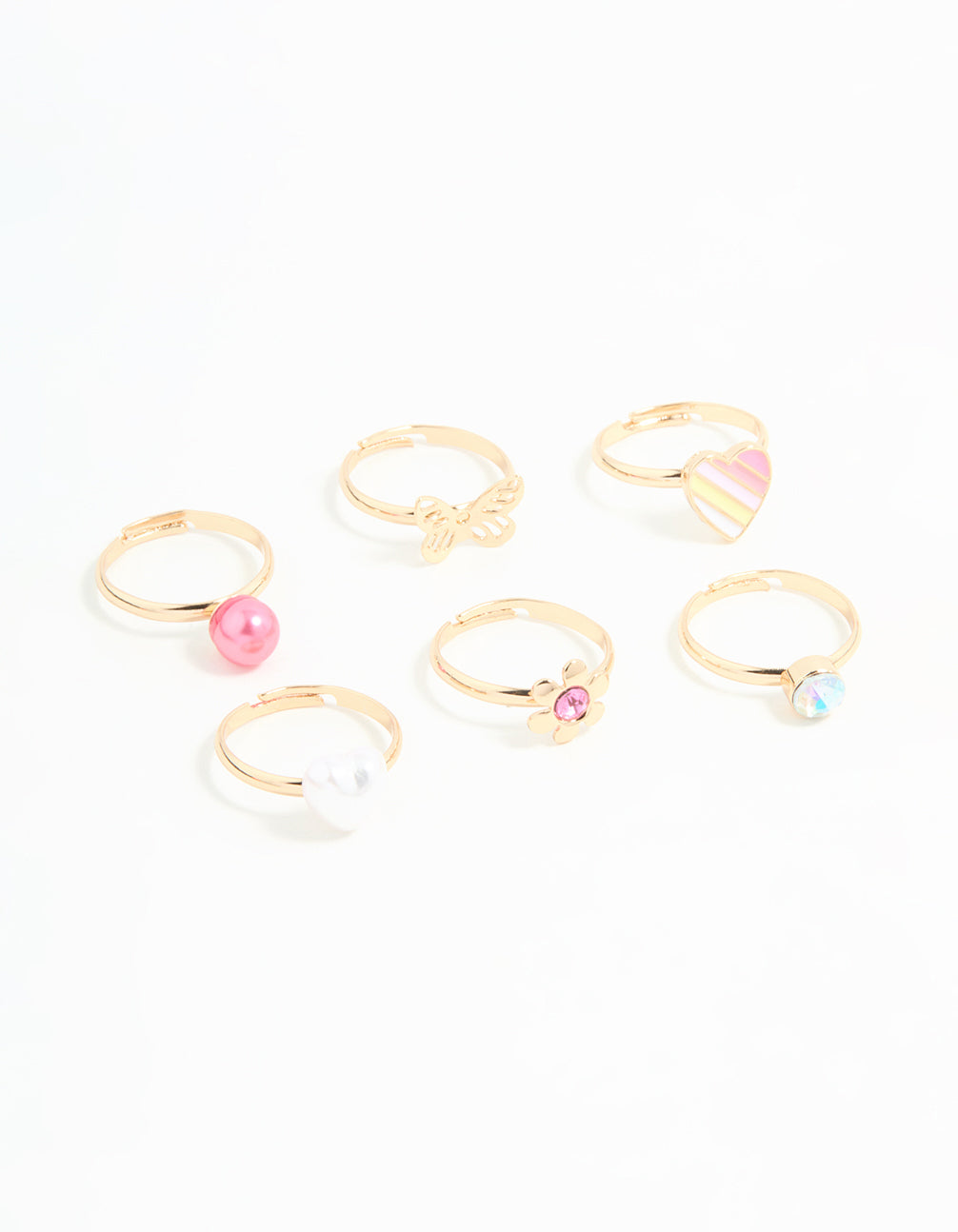 Kids Gold Pearl Heart & Butterfly Stacking Rings 6-Pack