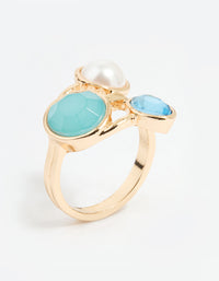 Gold Pearl Statement Triple Blue & Clear Gems Ring - link has visual effect only