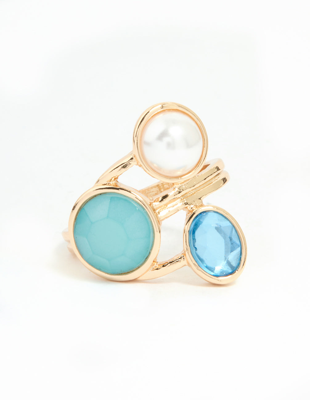 Gold Pearl Statement Triple Blue & Clear Gems Ring