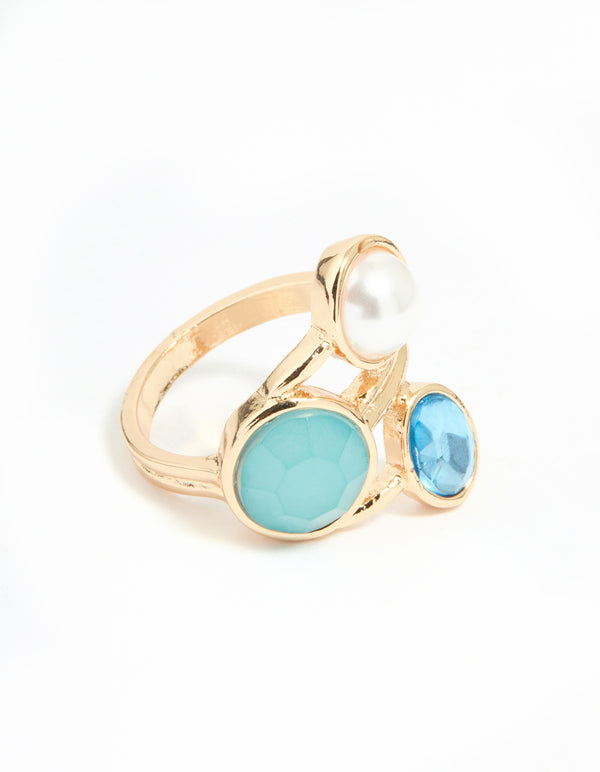Gold Pearl Statement Triple Blue & Clear Gems Ring