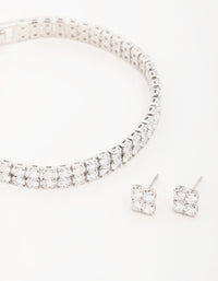Silver Cubic Zirconia Flower Earrings &  Tennis Bracelet Set - link has visual effect only