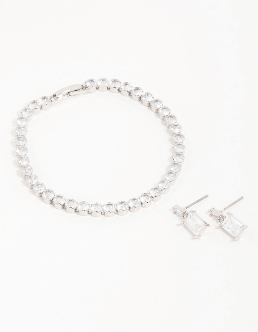 Silver Diamante Rectangle Drop Earrings & Tennis Bracelet Set
