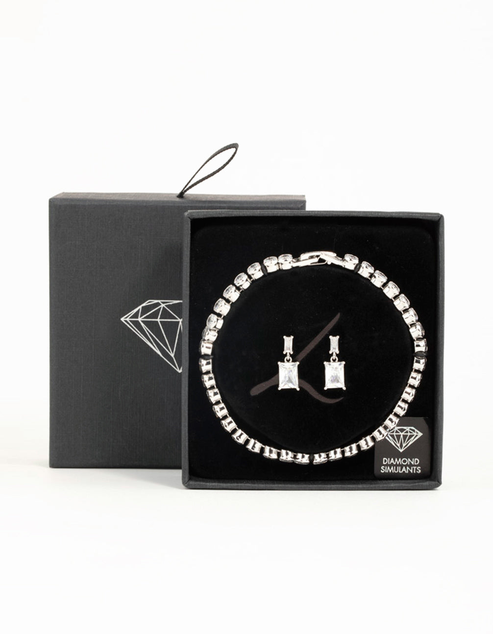 Silver Diamante Rectangle Drop Earrings & Tennis Bracelet Set
