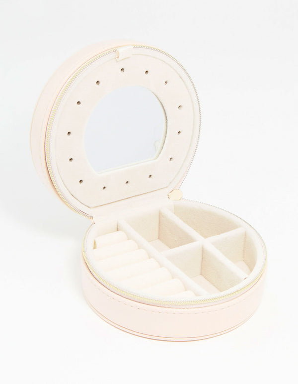 Cream PU Leather Small Round Jewellery Box