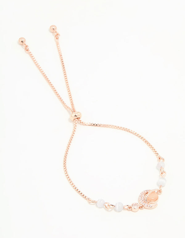 Rose Gold Plated Cubic Zirconia Moon Rose Quartz Toggle Bracelet