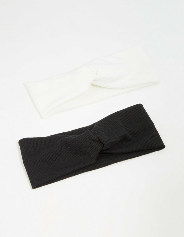 Black & White Ribbed Fabric Twist Stretch Headbands 2-Pack