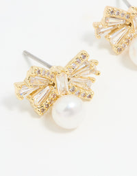 Gold Plated Pearl & Cubic Zirconia Bow Baguette Drop Earrings - link has visual effect only