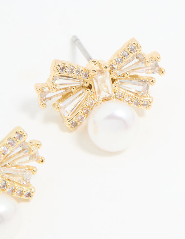 Gold Plated Pearl & Cubic Zirconia Bow Baguette Drop Earrings
