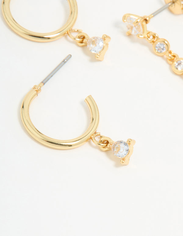 Gold Plated Cubic Zirconia Stud & Chain Earrings 2-Pack
