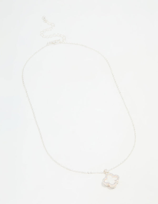 Silver Plated Diamante Outline Pendant Flower Necklace