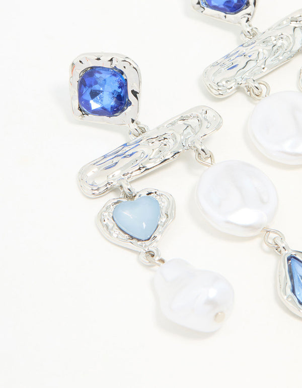 Silver Pearl Molten Blue Diamante Drop Earrings