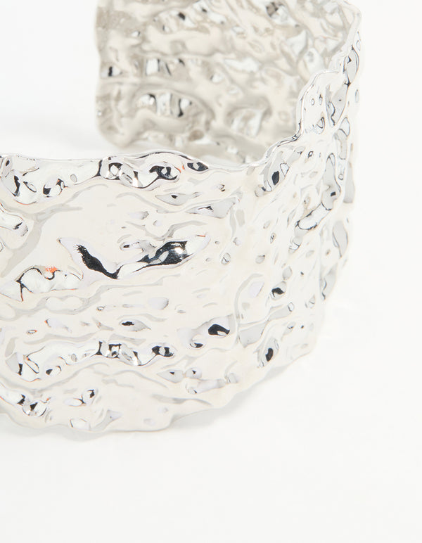 Silver Molten Wide Textured Wrist Cuff