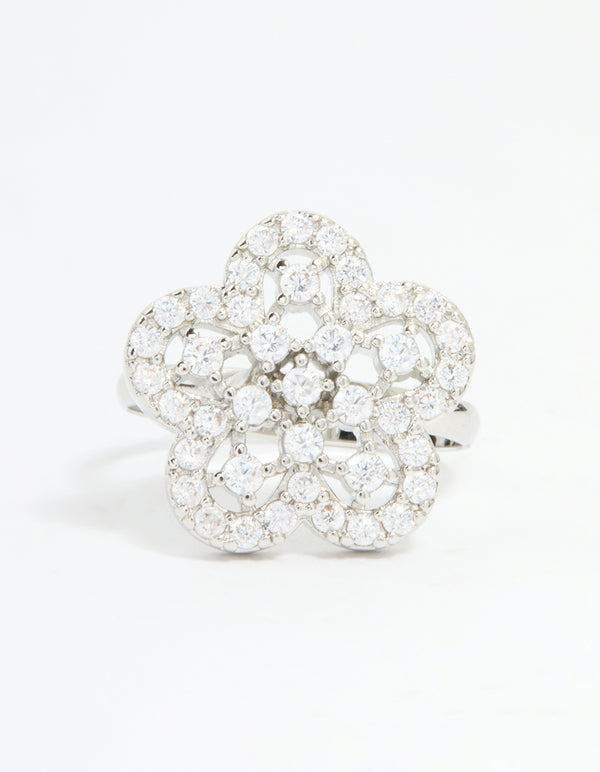 Silver Cubic Zirconia Statement Flower Ring