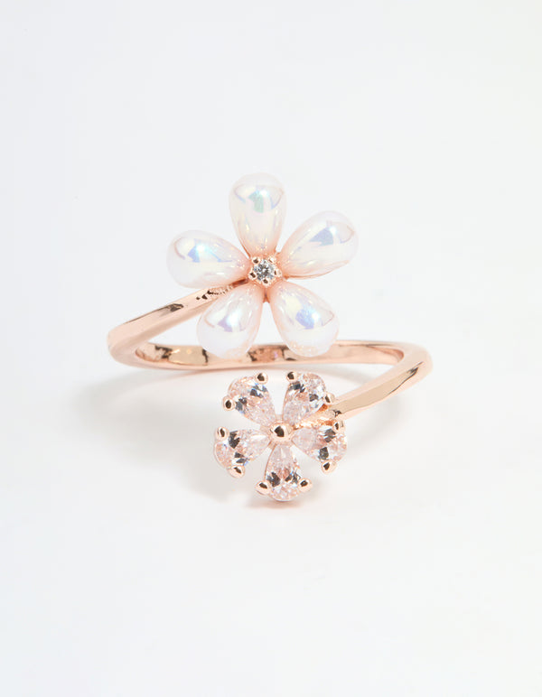Rose Gold Cubic Zirconia Bubble Flower Wrap Ring