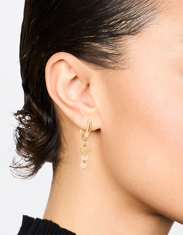 Waterproof Gold Plated Stainless Steel Pearl Heart Drop Huggie Earrings