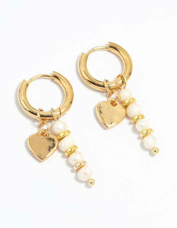 Waterproof Gold Plated Stainless Steel Pearl Heart Drop Huggie Earrings