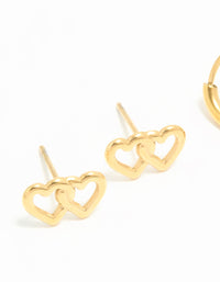 Waterproof Gold Plated Stainless Steel Heart Stud & Huggie Earrings 2-Pack - link has visual effect only