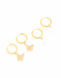 Waterproof Gold Plated Stainless Steel Diamante & Freshwater Pearl Butterfly Huggie Earrings 2-Pack - link has visual effect only