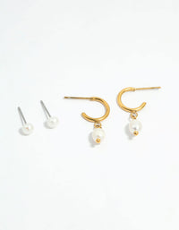 Waterproof Gold Plated Stainless Steel Dainty Pearl Earrings 2-Pack - link has visual effect only