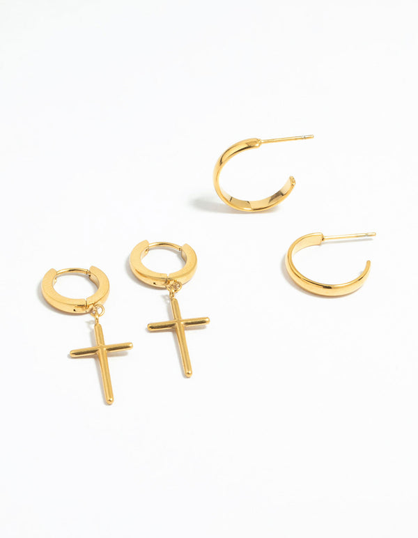Waterproof Gold Plated Stainless Steel Cross Hoop Earrings 2-Pack