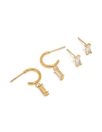 Waterproof Gold Plated Stainless Steel Cubic Zirconia Rectangle Stud & Hoop Earrings 2-Pack - link has visual effect only