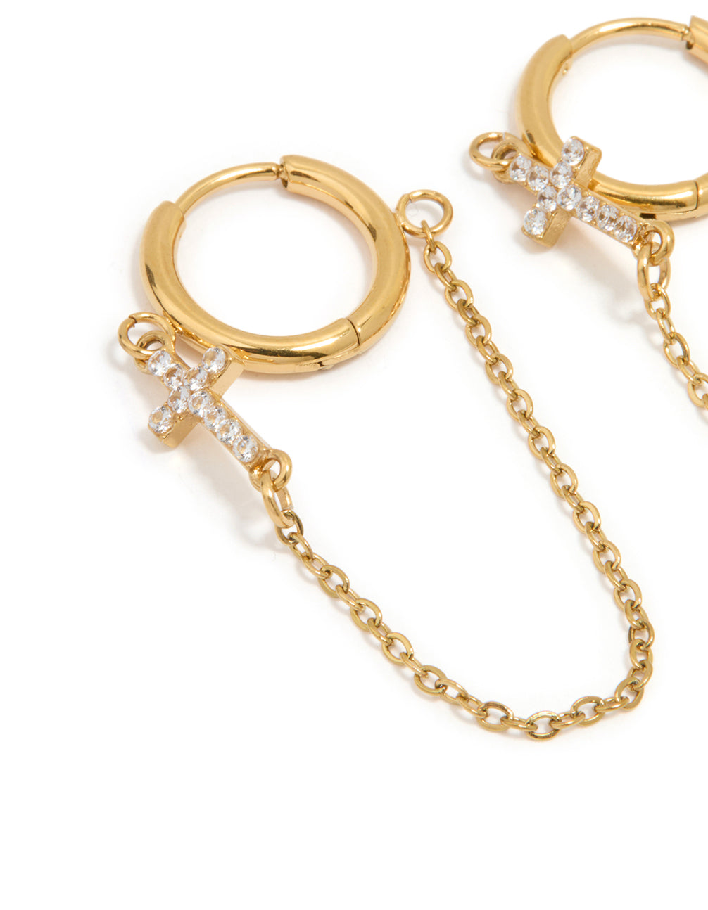 Waterproof Gold Plated Stainless Steel Cubic Zirconia Chain Huggie Earrings 2-Pack
