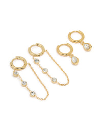 Waterproof Gold Plated Stainless Steel Cubic Zirconia Chain Droplet Earrings 2-Pack - link has visual effect only