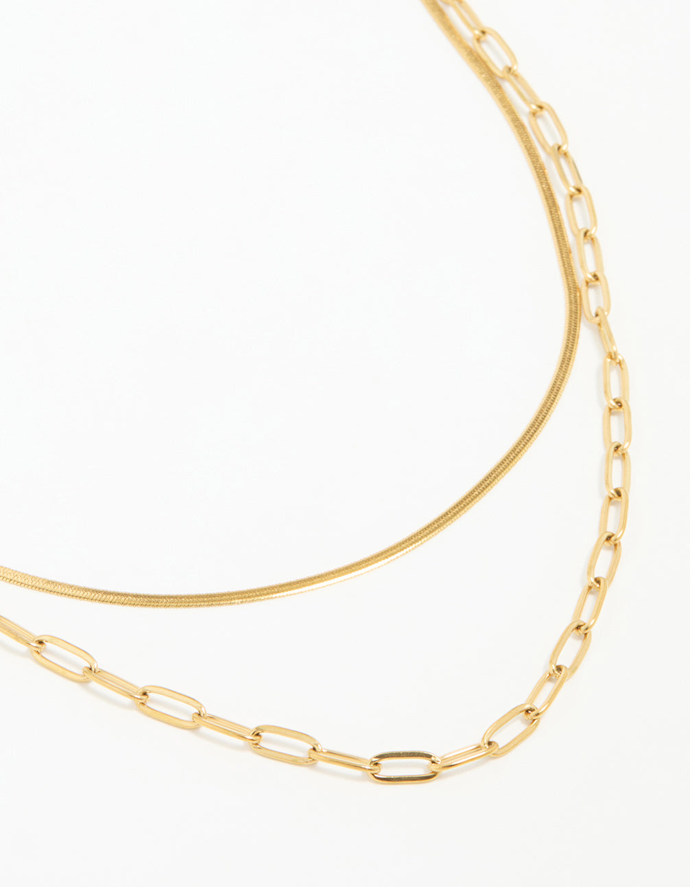 Showcasing a waterproof double link layered chunky style necklace crafted from gold plated stainless steel close up view