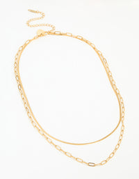 Waterproof Gold Plated Stainless Steel Double Link Layered Necklace - link has visual effect only
