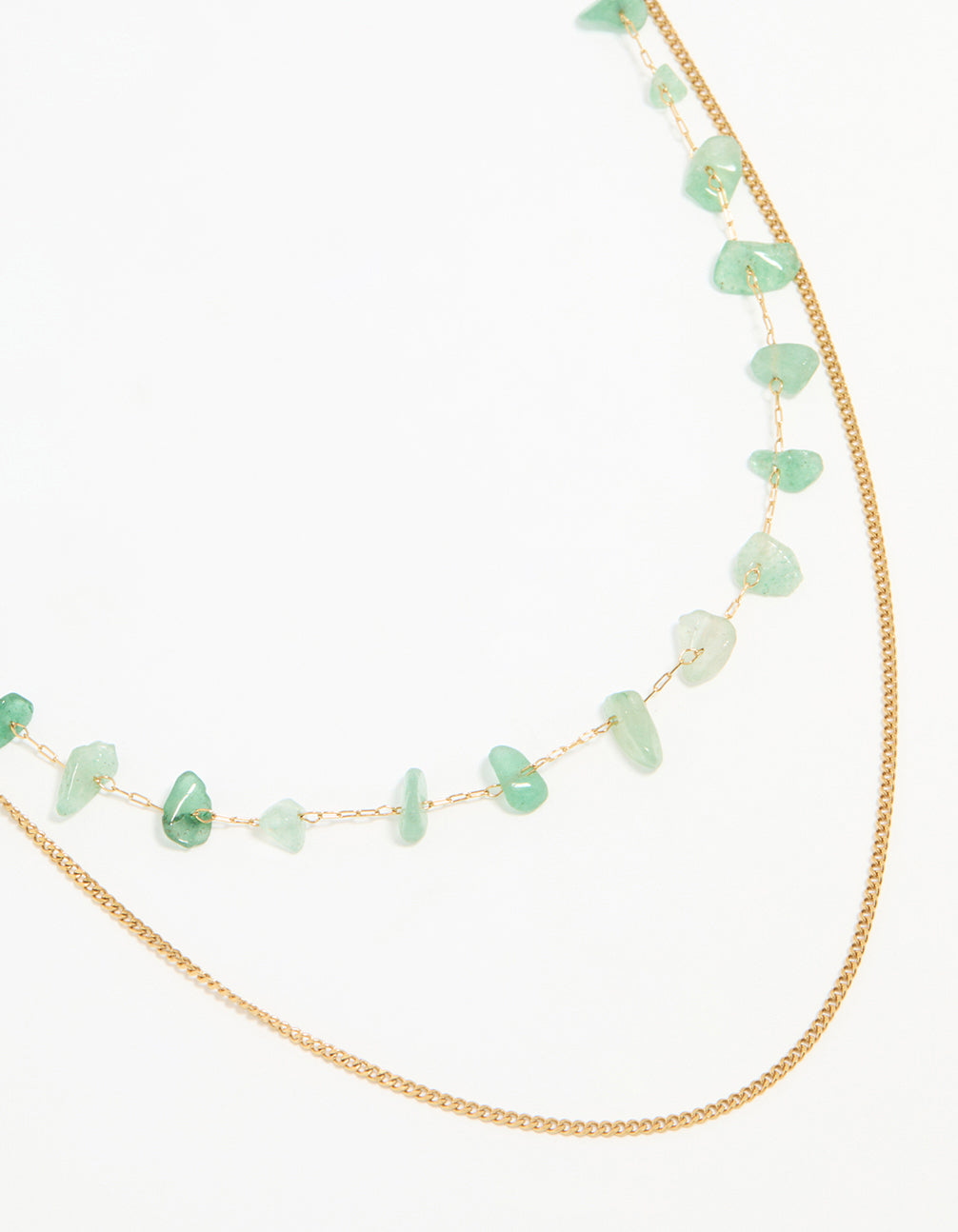 Showcasing a waterproof layered necklace with green stone beads, stainless steel construction and gold plated finish close up view