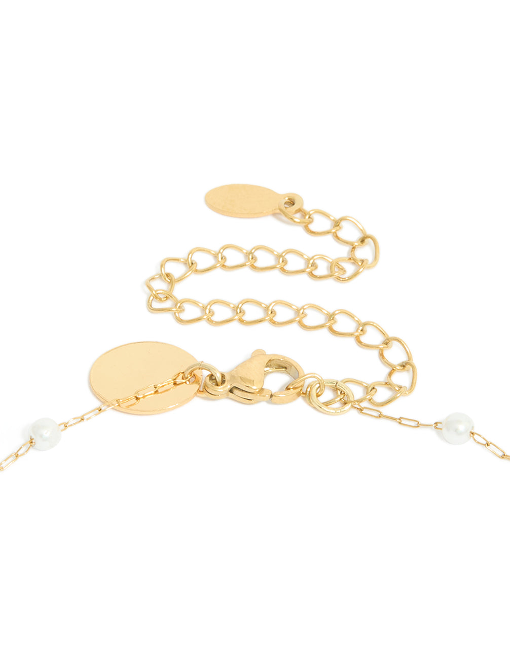 Featuring waterproof gold plated stainless steel pearl Y-necklace with dainty design clasp detail view