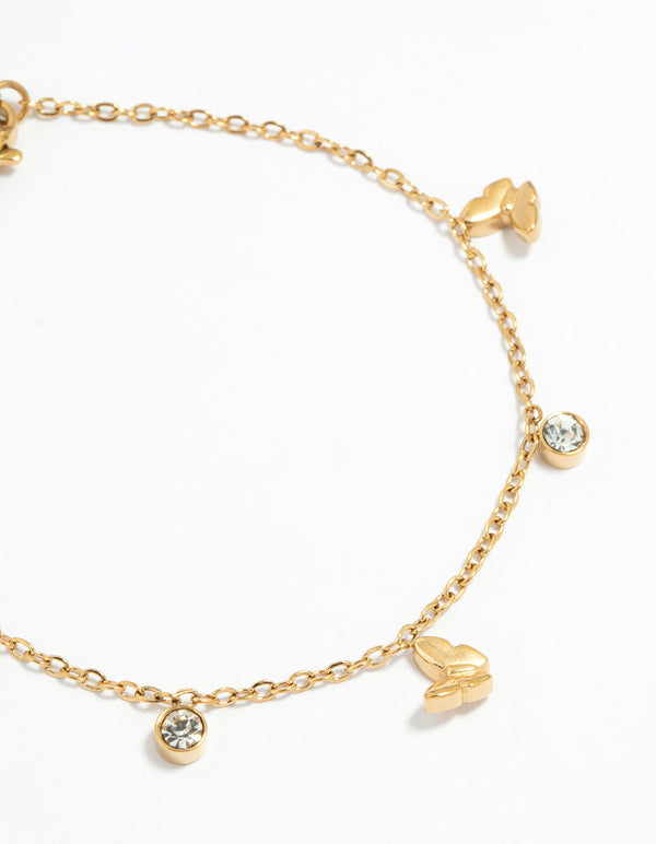 Waterproof Gold Plated Stainless Steel Cubic Zirconia Droplet Butterfly Bracelet