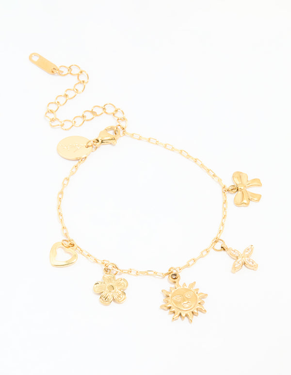 Waterproof Gold Plated Stainless Steel Flower & Sun Charm Bracelet