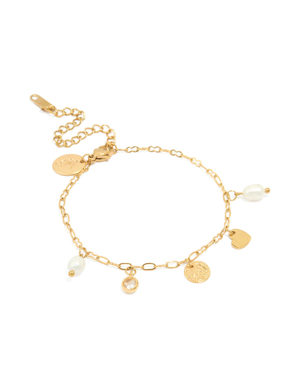 Waterproof Gold Plated Stainless Steel Pearl & Charm Bracelet