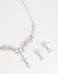 Silver Cubic Zirconia Flower Drop Earrings & Necklace Set - link has visual effect only