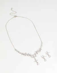 Silver Cubic Zirconia Flower Drop Earrings & Necklace Set - link has visual effect only