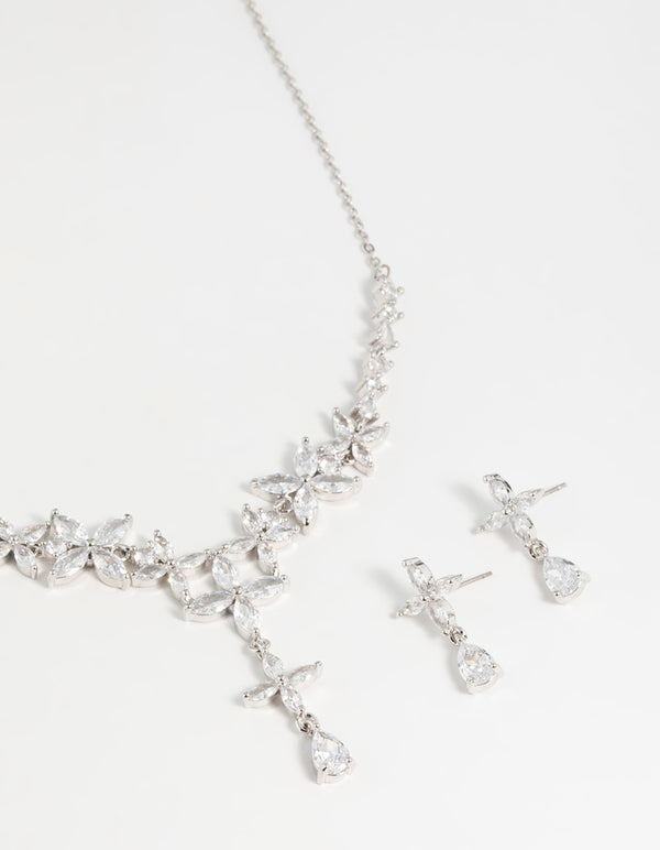 Silver Cubic Zirconia Flower Drop Earrings & Necklace Set