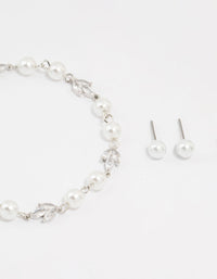 Silver Cubic Zirconia Pearl Leaf Bracelet & Earrings Set - link has visual effect only