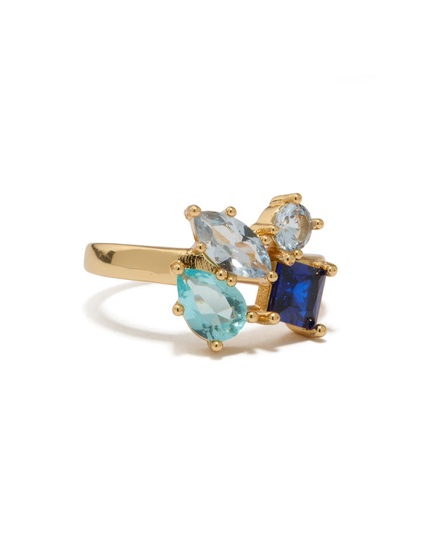 Gold Plated Light & Dark Blue Cubic Zirconia Cluster Ring