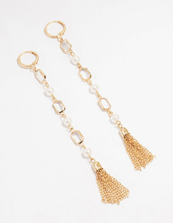 Gold Diamante Pearl Long Tassel Drop Earrings