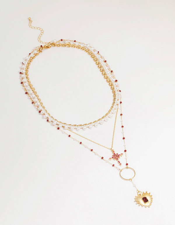 Gold Red Diamante Cross Layered Necklace