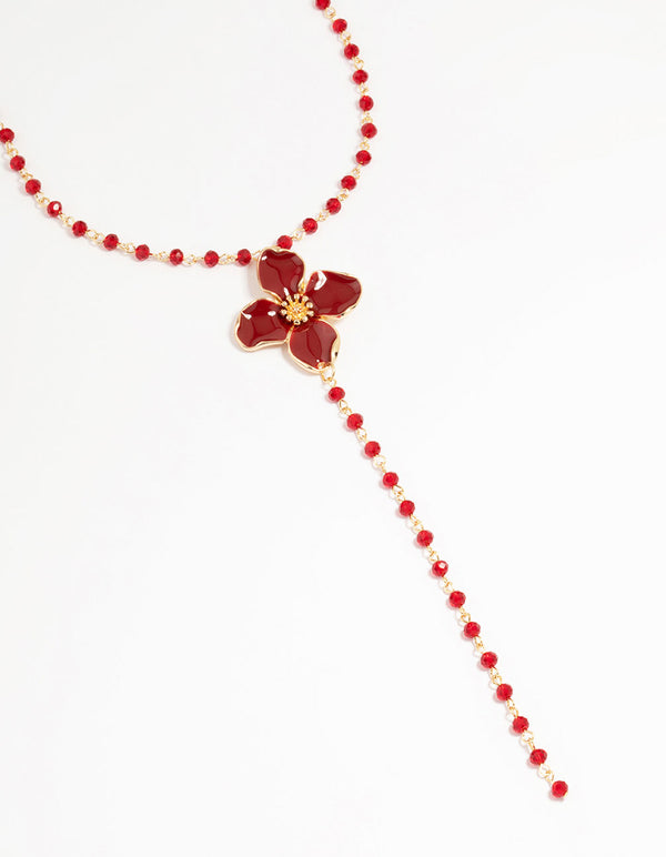 Gold Red Beaded Flower Y-Necklace